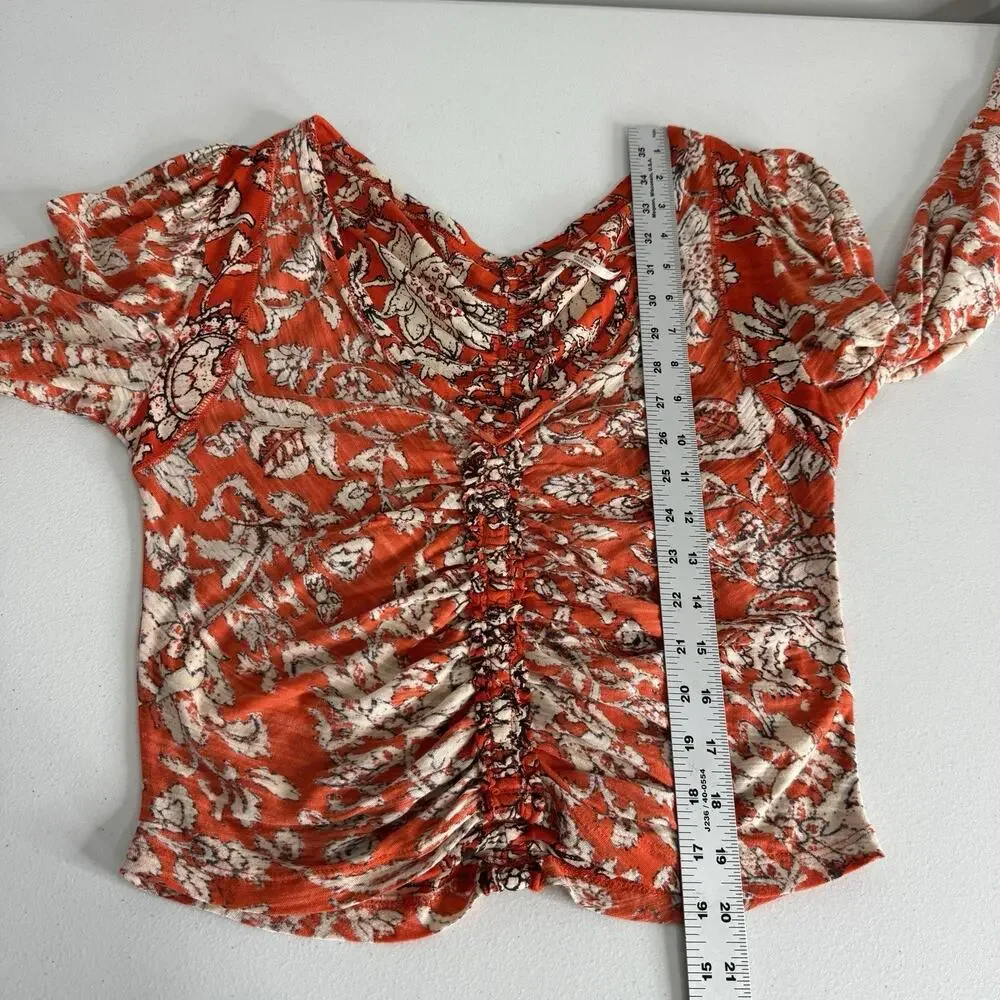 Free People Say The Word Top Womens Small Orange Floral Ruched Crop Cottage Boho